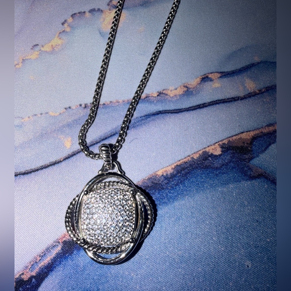 Sterling Silver Pave Crystal Pendant Necklace - Silver